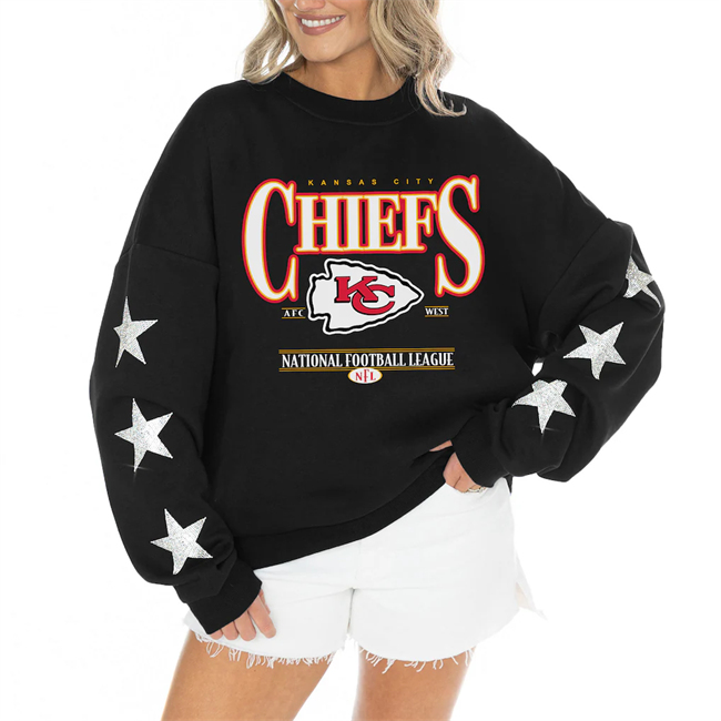 Women's Kansas City Chiefs Gameday Couture Black Rhinestone Star Sleeve Settle the Score Oversized Tri-Blend Pullover(Run Small)